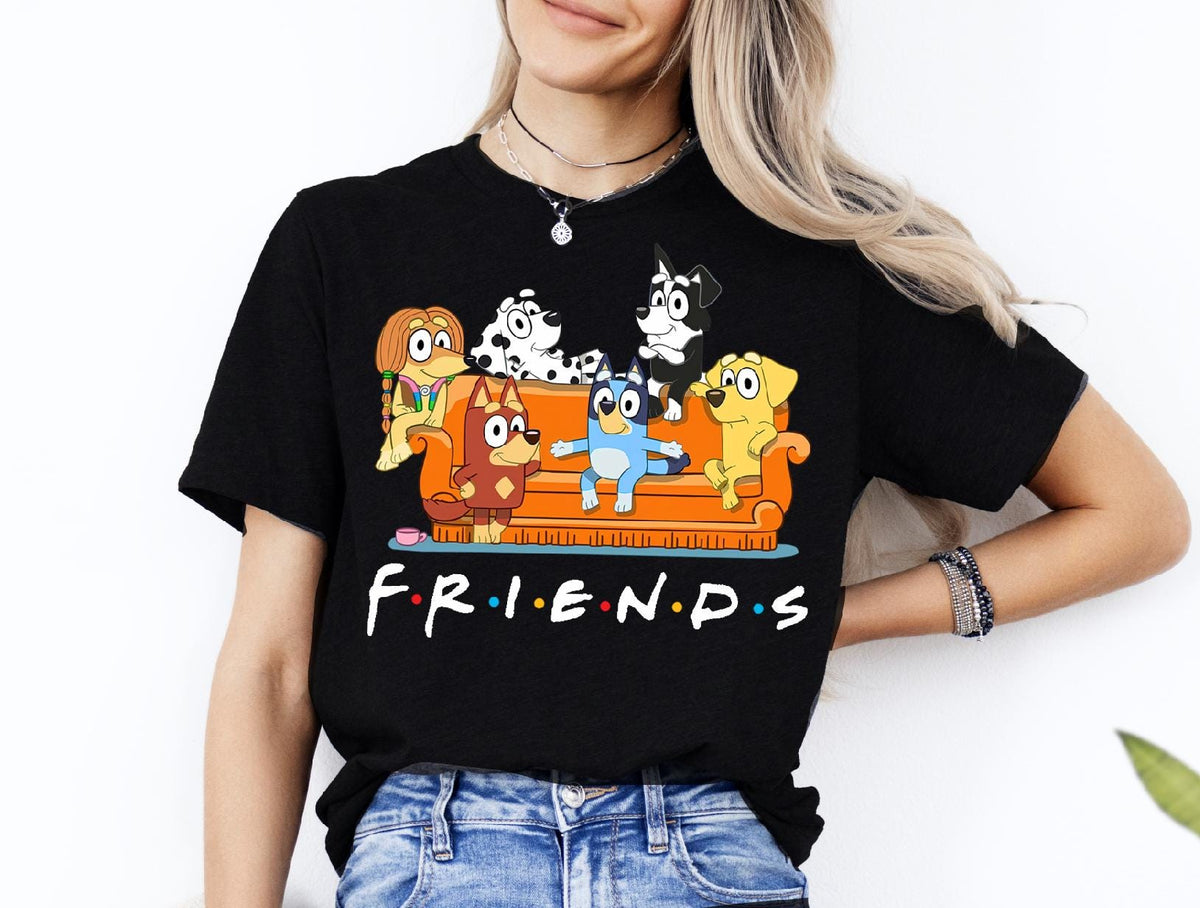 a woman wearing a t - shirt that says friends on it
