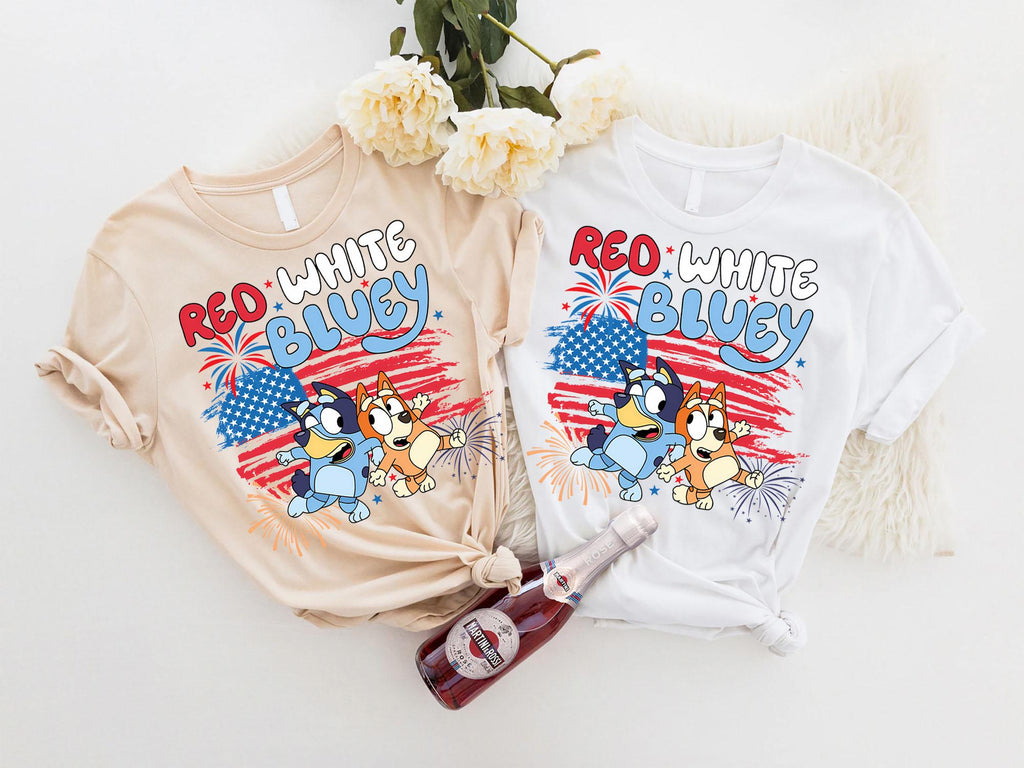 two t - shirts that say red, white, and blue