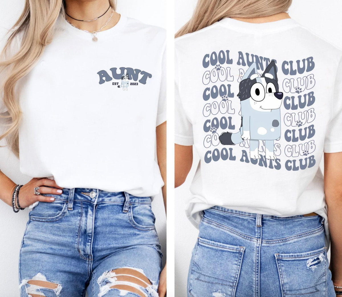 a woman wearing a white shirt and ripped jeans