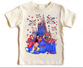 a white t - shirt with a picture of a castle on it