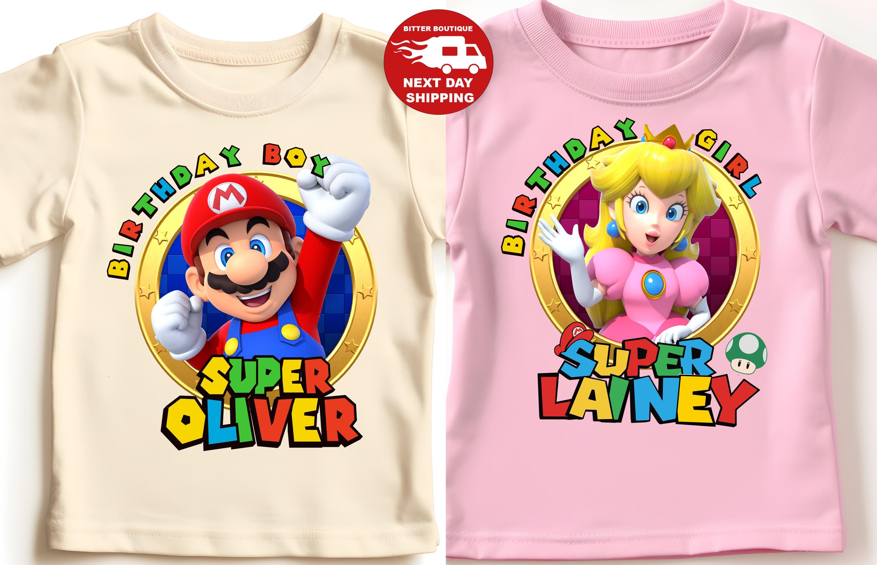 two t - shirts with mario and luigi on them