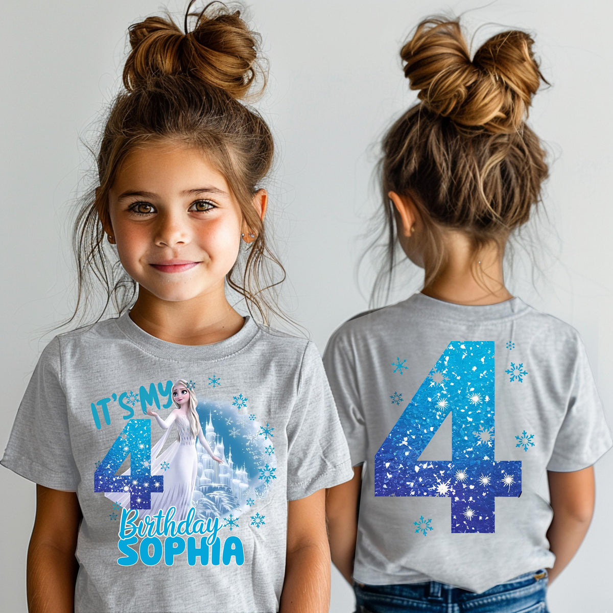 two young girls wearing frozen princess shirts