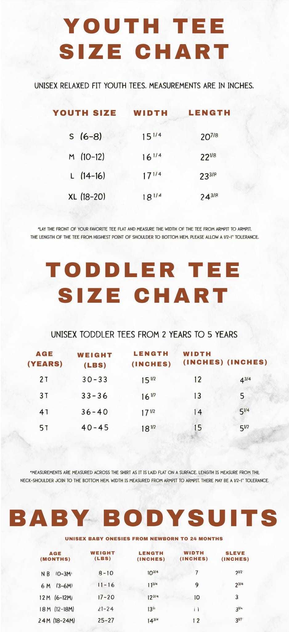 The image is a youth size chart for youth tees and toddler tees, providing measurements and weight information for different age groups.